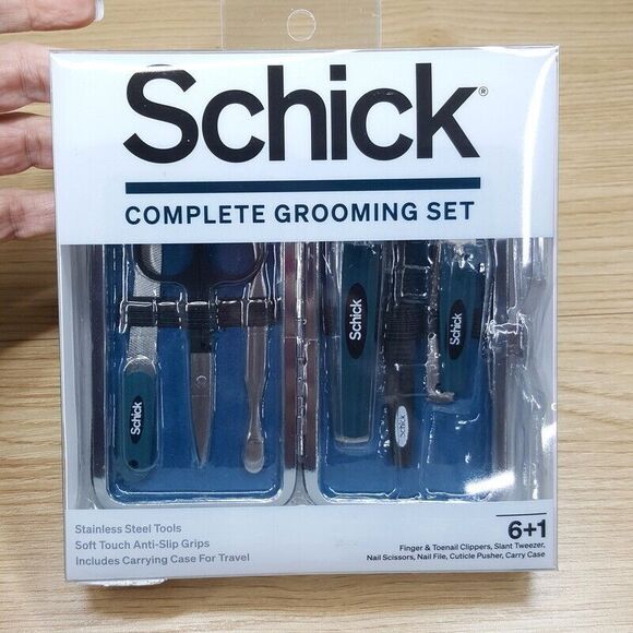 SCHICK Complete Grooming Set Stainless Steel Clippers Tweezer File Scissors Case - Picture 1 of 5